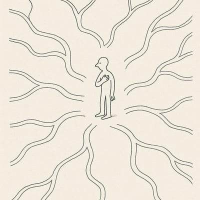 Silhouette face à un enchevêtrement de chemins esquissés, exprimant le vertige tranquille provoqué par trop d'options et la recherche d'un cap.