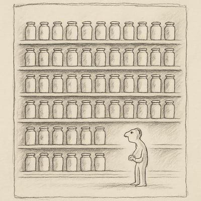 Figura davanti a scaffali infiniti di barattoli simili; mano sul petto, esitazione evidente; tratto morbido e atmosfera sospesa.