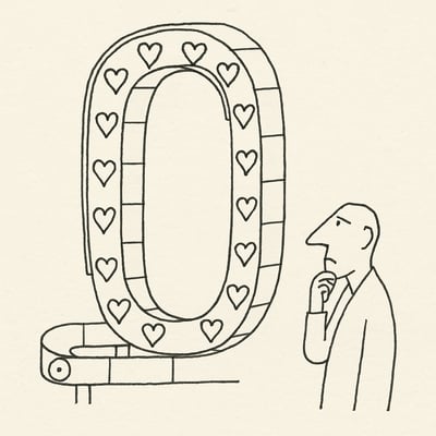 Nastro circolare con piccoli cuori che salgono e tornano; volto pensoso; sensazione di corsa senza arrivo.