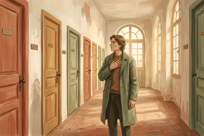 Persona davanti a molte porte identiche, mano al cuore, sguardo indeciso; tratto tremolante, atmosfera calma e fiduciosa nel caso.