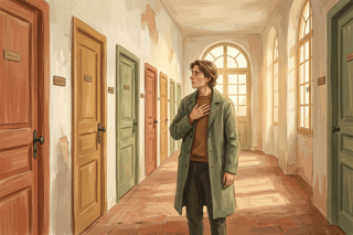 Persona davanti a molte porte identiche, mano al cuore, sguardo indeciso; tratto tremolante, atmosfera calma e fiduciosa nel caso.