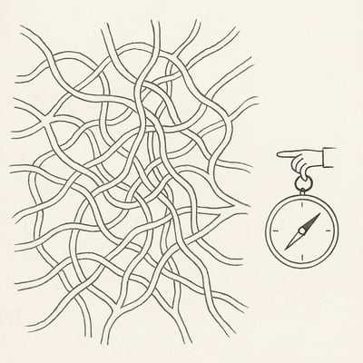 Minimalistische tekening met zich vertakkende paden en één kompas dat rust brengt, als metafoor voor orde in keuze-overload.