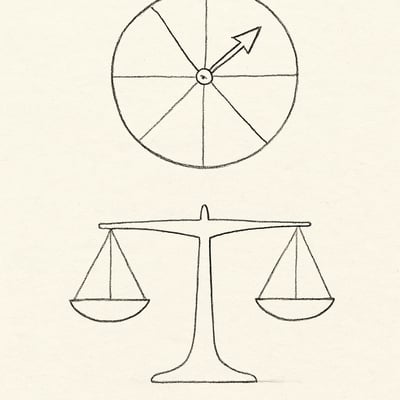Handgetekend rad boven een balancerende weegschaal, dat het gevoel van eerlijke, lichte keuzes oproept in groepssituaties.