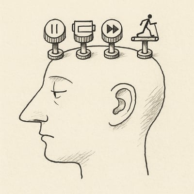 Hoofd met vier eenvoudige iconische knoppen voor verlamming, vermoeidheid, spijt en loopband, als samenvatting van psychische belasters.