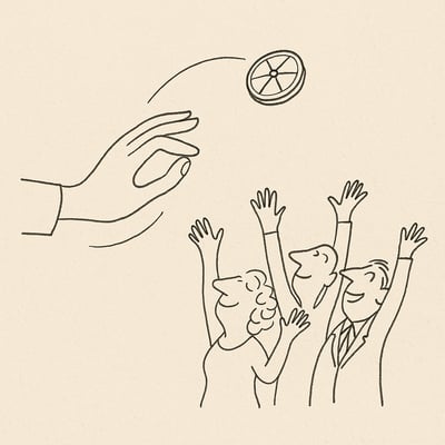 Une main esquissée fait tourner une petite roue semblable à une boussole, évoquant un soulagement collectif grâce à une procédure perçue comme équitable.