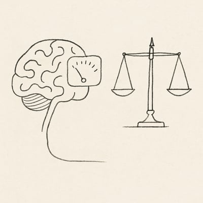 Un cerveau au trait fin avec une jauge d'énergie qui baisse près d'une balance antique, symbolisant la fatigue décisionnelle et le poids des critères moraux.