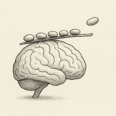 A simple brain sketch balances seven small stones on a branch while an eighth hovers to tip the balance, suggesting a fragile capacity limit.