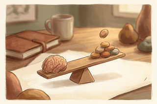 A small brain sketch weighs seven tiny tokens while an eighth hovers, hinting at overload and the need for a simple, fair decision aid.