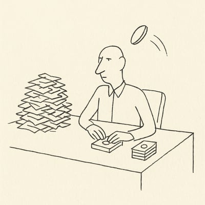 A seated figure manages a small neat stack while a messy pile looms; a coin spins in the air, hinting at using chance to simplify choices.