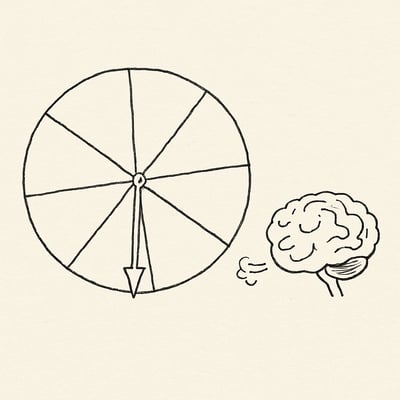 A simple spinner wheel with seven slices sits beside a relieved brain sketch, conveying how random choice can ease cognitive strain.