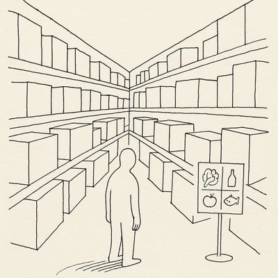 Hand-drawn scene of a shopper facing rows of blank packages contrasted with a small sign grouping options, symbolising cognitive load reduction by chunking.