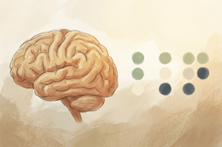 Hand‑drawn brain facing a neat cluster of seven dots arranged into three groups, hinting that chunking tames choice overload and clarifies decisions.