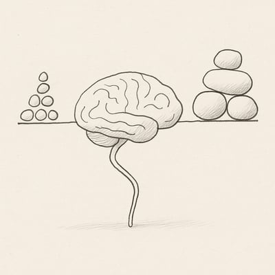 Minimal sketch of a brain weighing seven tiny pebbles against four grouped stones, conveying that chunking reduces load versus counting single items.