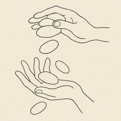 Zwei Hände balancieren vier glatte Steine, weitere rollen davon; die Szene spiegelt die natürliche Grenze des Arbeitsgedächtnisses wider.