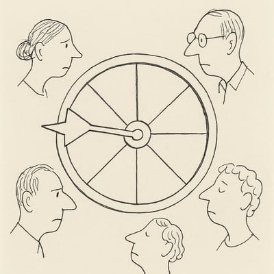 Handgezeichnetes Rad mit Pfeil in Kreis aus Gesichtern; leichte Spannung vor dem Klick, geteilter Fokus auf Fairness und gemeinsamer Entscheidung.