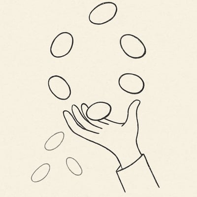 Minimalistische Zeichnung zeigt eine Hand, die vier Kiesel sicher haelt, waehrend weitere Elemente abrutschen – Symbol fuer enge Arbeitsgedaechtnisgrenzen.