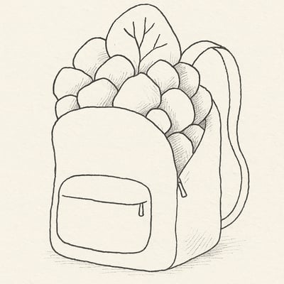 Ueberladener Rucksack mit komplexen, verzweigten Steinen steht fuers Ueberladen der mentalen Kapazitaet durch hohe Element-Interaktivitaet.