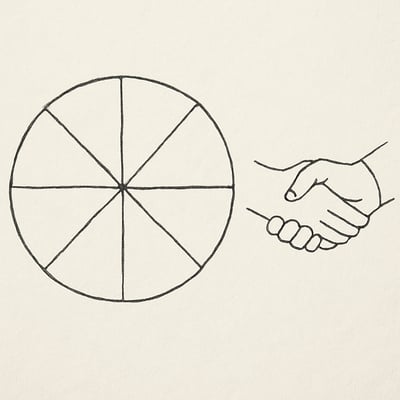 Ein neutrales Drehrad mit segmentierten Feldern und zwei haendeschuettelnden Silhouetten steht fuer faire Zufallsauswahl und akzeptierte Entscheidungen.