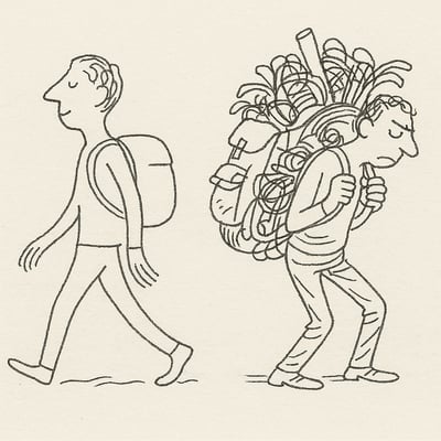 Dos mochilas contrastan: una ligera y ordenada, otra pesada y caótica; la misma persona alterna calma y tensión, reflejando la carga cognitiva.