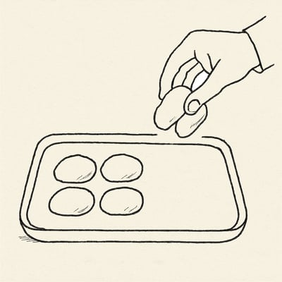 Una mano retira tres de siete piedras sobre una bandeja, dejando cuatro agrupadas, simbolizando que simplificar opciones reduce la carga mental.