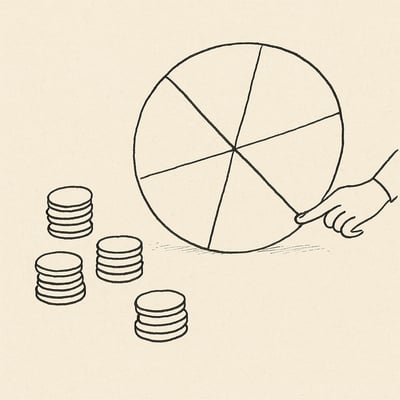 Una rueda dividida en seis se activa con una mano mientras fichas alrededor se agrupan en cuatro montones, mostrando orden antes del azar.