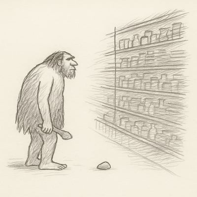 Une figure préhistorique, dessinée en traits sobres, fait face à un rayon débordant qui se brouille, symbolisant la surcharge cognitive face à l'abondance moderne.