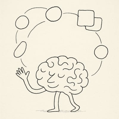 Un cerveau dessiné à la main tente de garder sept formes en orbite, puis fusionne certaines d'entre elles en paquets, suggérant comment le chunking réduit la charge.