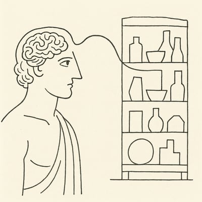 Minimalistische tekening van een brein dat meerdere vakjes op een wiebelige weegschaal balanceert; enkele vallen, wat de beperkte capaciteit van het werkgeheugen verbeeldt.