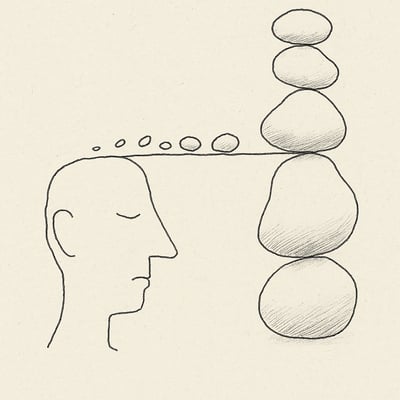 Testa stilizzata con 7 pietrine che si fondono in 4 sassi più grandi in equilibrio, a evocare il passaggio dal mito del 7±2 ai 4 chunk praticabili.