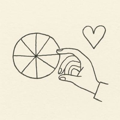 Ruota stilizzata in monocromo con spicchi neutri e una mano in arrivo, a evocare scelta equa e leggera che sblocca l'azione senza conflitti.