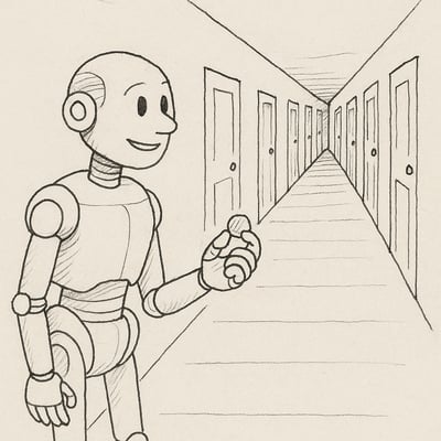 Um pequeno robô contempla um corredor de portas iguais e segura uma moeda, sugerindo abundância moderna e a tentação de delegar escolhas ao acaso.