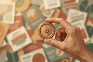 Mão humana segura uma pequena roda enquanto várias opções borradas ao fundo sugerem excesso; foco na calma de simplificar escolhas.