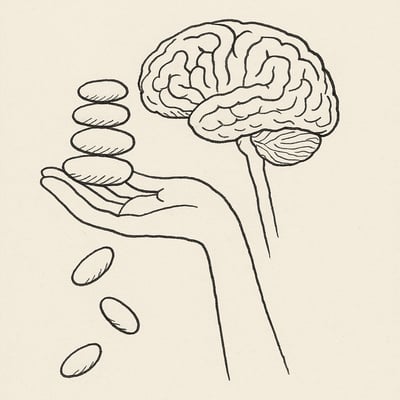 Cérebro pousado numa mão tenta segurar quatro pedrinhas enquanto outras caem devagar, simbolizando o limite da memória de trabalho e escolhas.