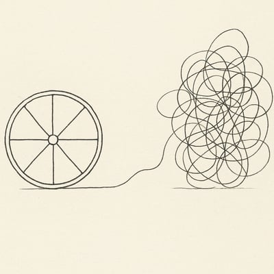 Uma roda simples contrasta com um novelo emaranhado que se desfaz, ilustrando como a randomização simplifica escolhas complexas restantes.