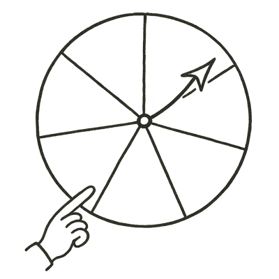 Handgetekende spinner met enkele segmenten en een pijl die net doordraait; vangt het gevoel van eenvoud en eerlijkheid wanneer willekeur de laatste knoop doorhakt.