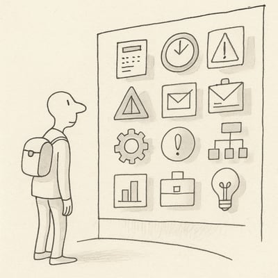 Eenvoudige lijntekening van een persoon met kleine rugzak die overspoeld wordt door iconen; symboliseert hoe moderne overvloed ons beperkte werkgeheugen snel overprikkelt.