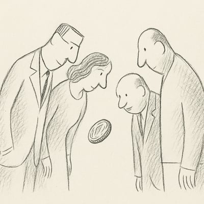 A small hand-drawn group watches a coin hovering between hands, suggesting curiosity and trust in an impartial decision when options are tied.