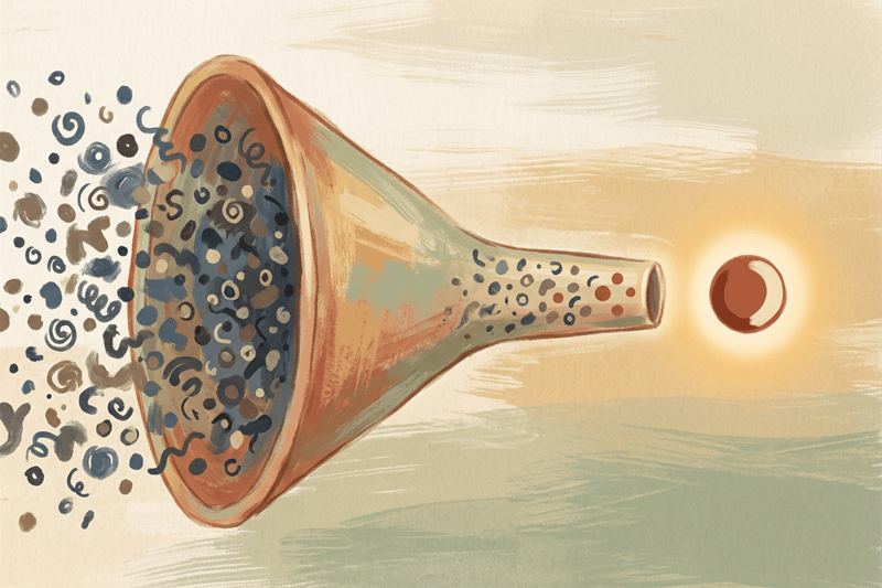 A hand-drawn funnel compresses a noisy field of options into one clear dot, capturing the relief of moving from overwhelm to a single confident choice.