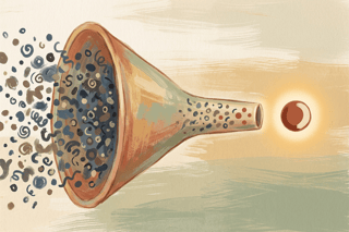 A hand-drawn funnel compresses a noisy field of options into one clear dot, capturing the relief of moving from overwhelm to a single confident choice.