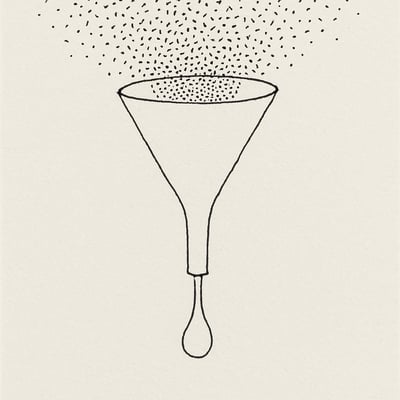 A loose hand-drawn funnel compresses a storm of tiny scattered dots into one clear droplet, evoking relief as options collapse to a single choice.