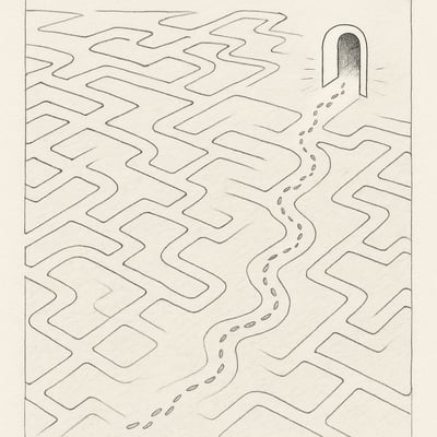 A hand-drawn map with many faint paths converging toward a single lit doorway, implying a guided journey from many options to one outcome.