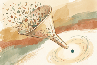 A hand-drawn funnel narrows countless tiny shapes into a single dot, capturing the relief of moving from overwhelming options to one calm choice.
