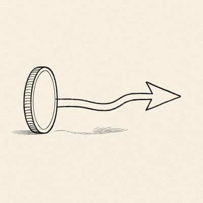 A coin poised on its edge transitions into a simple spinner arrow, evoking fair play and lightness without gambling cues or text.