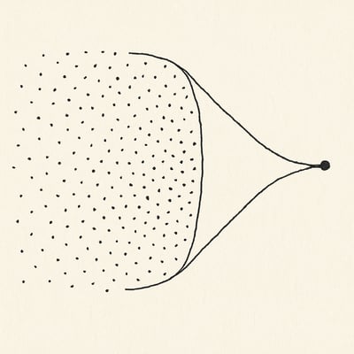 Ein handgezeichneter Trichter bündelt viele verstreute Punkte zu einem einzigen Fokuspunkt und vermittelt das Gefühl, Ordnung aus Überfluss zu schaffen.