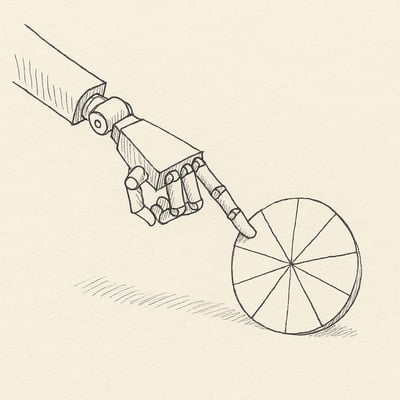 Eine Roboterhand stupst ein einfaches Papierrad an – steht für den Moment, in dem Technik spielerisch hilft, eine faire Entscheidung anzustossen.