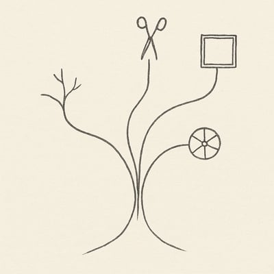 Vier skizzierte Pfade – Ast, Schere, Rad und Rahmen – fliessen in einen gemeinsamen Punkt, der die finale Wahl markiert.