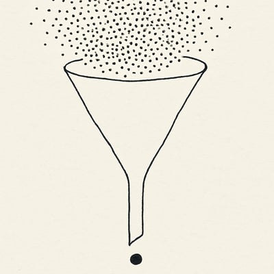 Ein handgezeichneter Trichter, der ein Chaos aus vielen Optionen zu einem klaren Punkt verdichtet – symbolisiert die Reise von Überangebot zur einen Wahl.