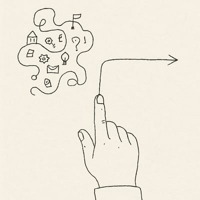 Eine Hand betrachtet zwei Wege: einen überladenen verschlungenen Pfad und einen klaren, geraden Pfad – Symbol für weniger Optionen, mehr Klarheit.