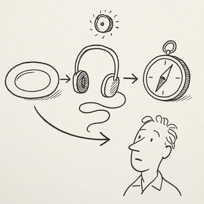 Plato, auriculares y brújula enlazados por una pequeña rueda girando, mostrando cómo el mismo método decide comida, tecnología y rumbo profesional.
