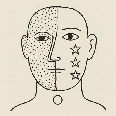 Rostro partido entre ruido y orden junto a un círculo que sugiere azar justo, evocando cómo la aleatoriedad controlada alivia la sobrecarga y aumenta la sensación de justicia.